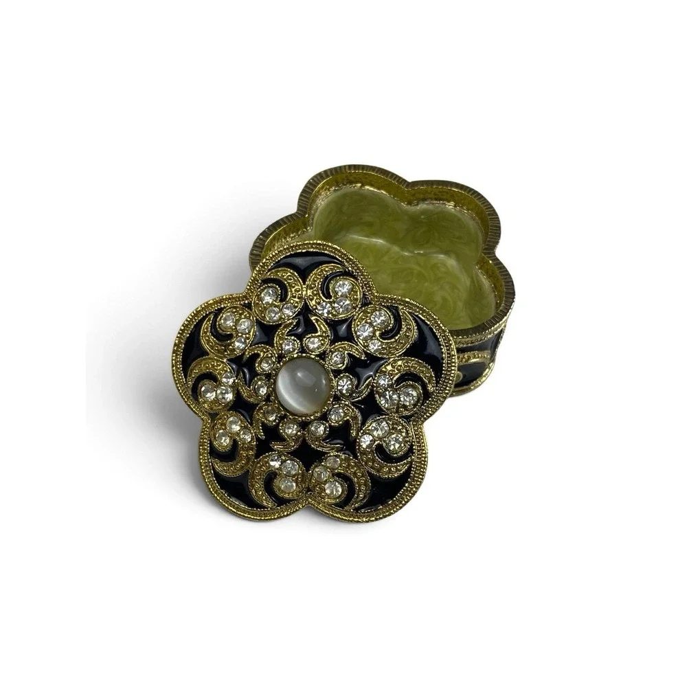 Vintage Swirled Enameled Metal Jeweled Trinket Pill Lidded Box Gold Black Beige